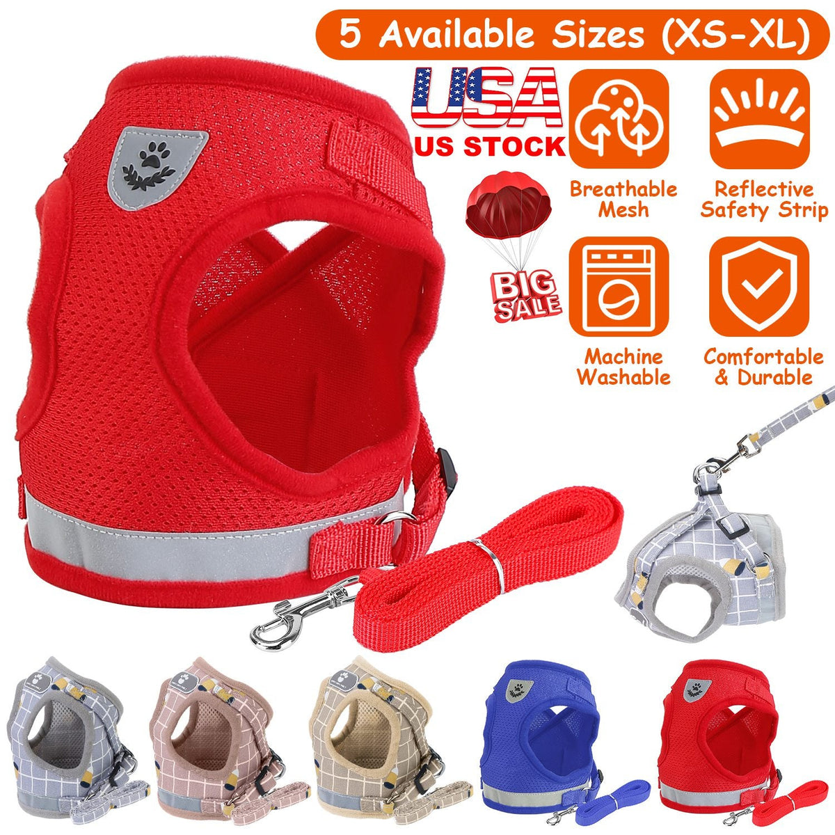 Pet Mesh Harness Dog Leash Set Reflective Chest Strap Adjustable Puppy Vest For Puppies Breeds Dogs Cats Walking Outdoor