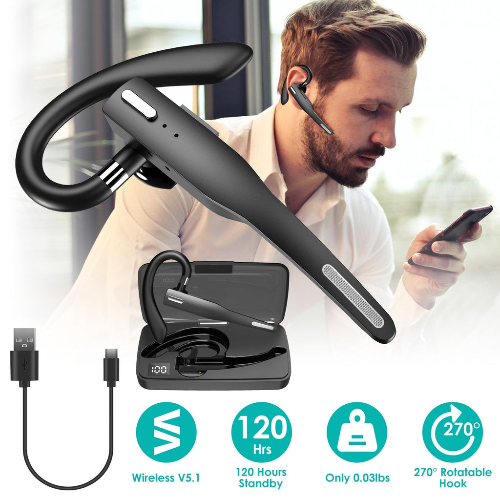Unilateral Wireless V5.1 Business Earpiece with Charging Case Rechargeable Wireless in-Ear Headset with Hook for Car Driving Phone Call Office