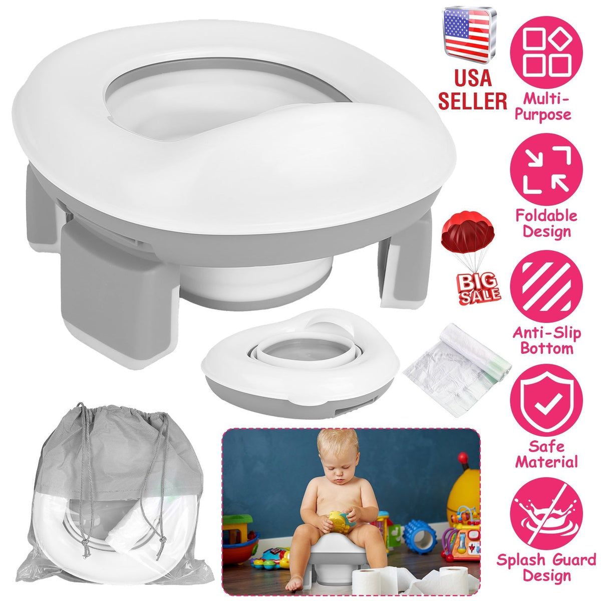 Portable Toddler Potty Toilet Foldable Potty Training Seat Cover with Splash Guard Include Storage Bag 20Psc Potty Bags Baby Toilet Trainer for Indoor
