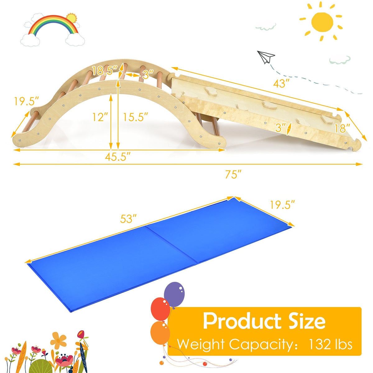 3-in-1 Kids Wooden Arch Triangle Rocker Climber Set with Ramp and Mat