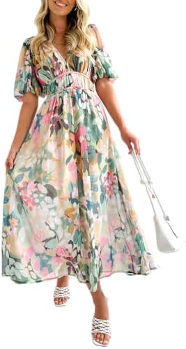 Easter Dress Women - Sissyaki Women's Boho Floral Midi Dress Smocked Beach Flowy Dress