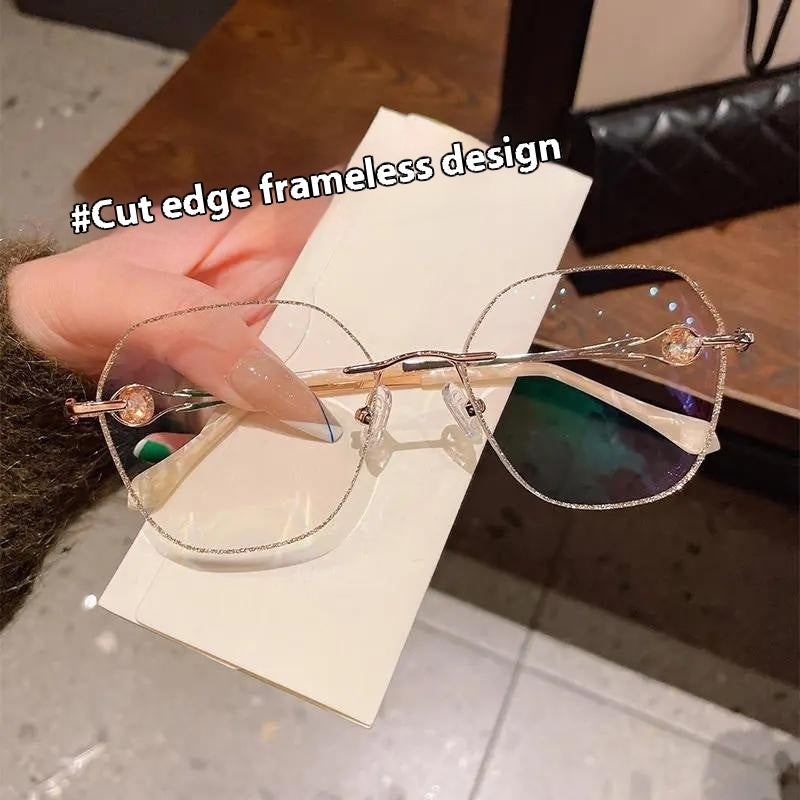 Champagne Gold Frameless Polygon Anti-blue Light Women's Reading Glasses
