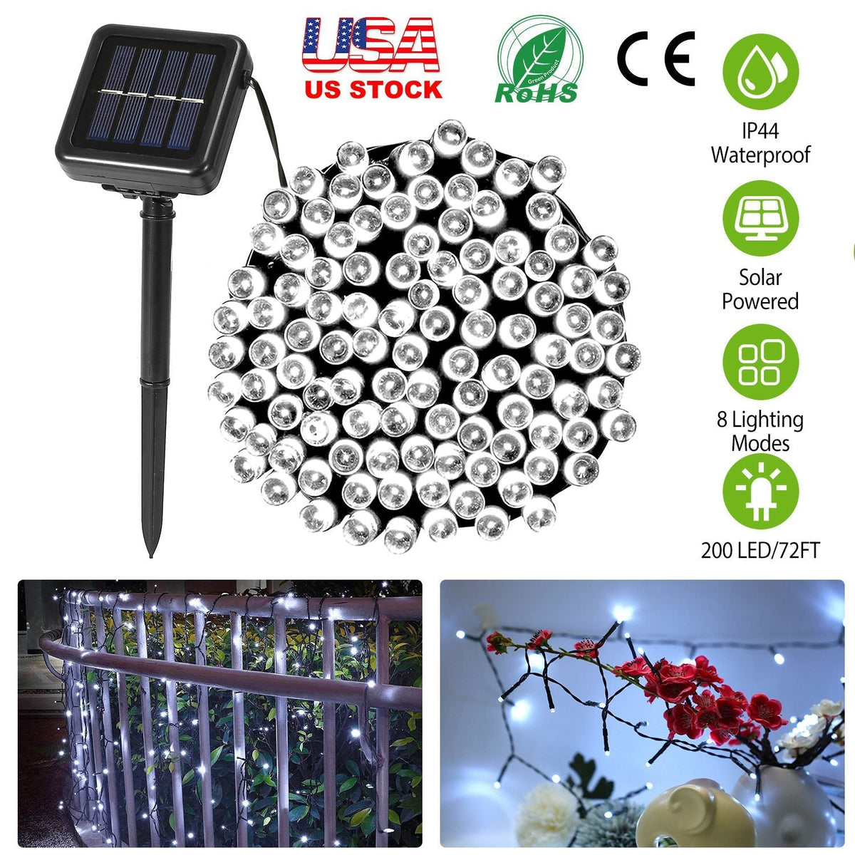 Solar String Lights LED Solar Power Fairy String Light 22M 200 LEDs 8 Lighting Mode White Light Waterproof Starry String Lights Christmas Wedding Part