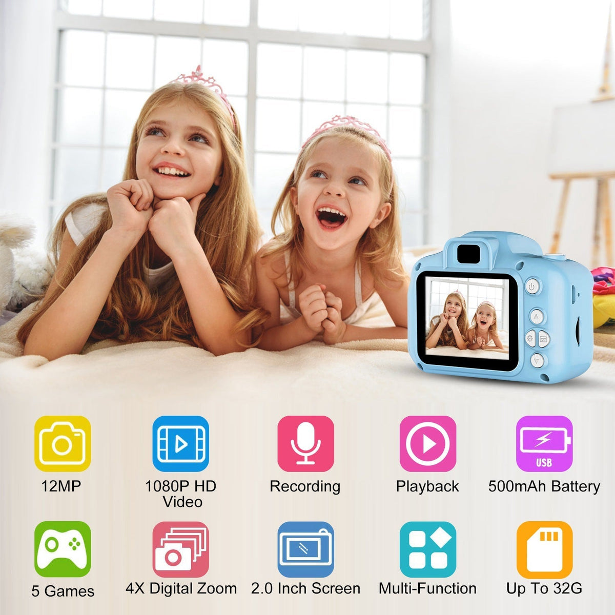 iMounTEK Kids Digital Camera w/ 2.0Ó Screen 12MP 1080P FHD Video Camera 4X Digital Zoom Games 32GB Card Supported Shockproof Child Camcorder for 3-10