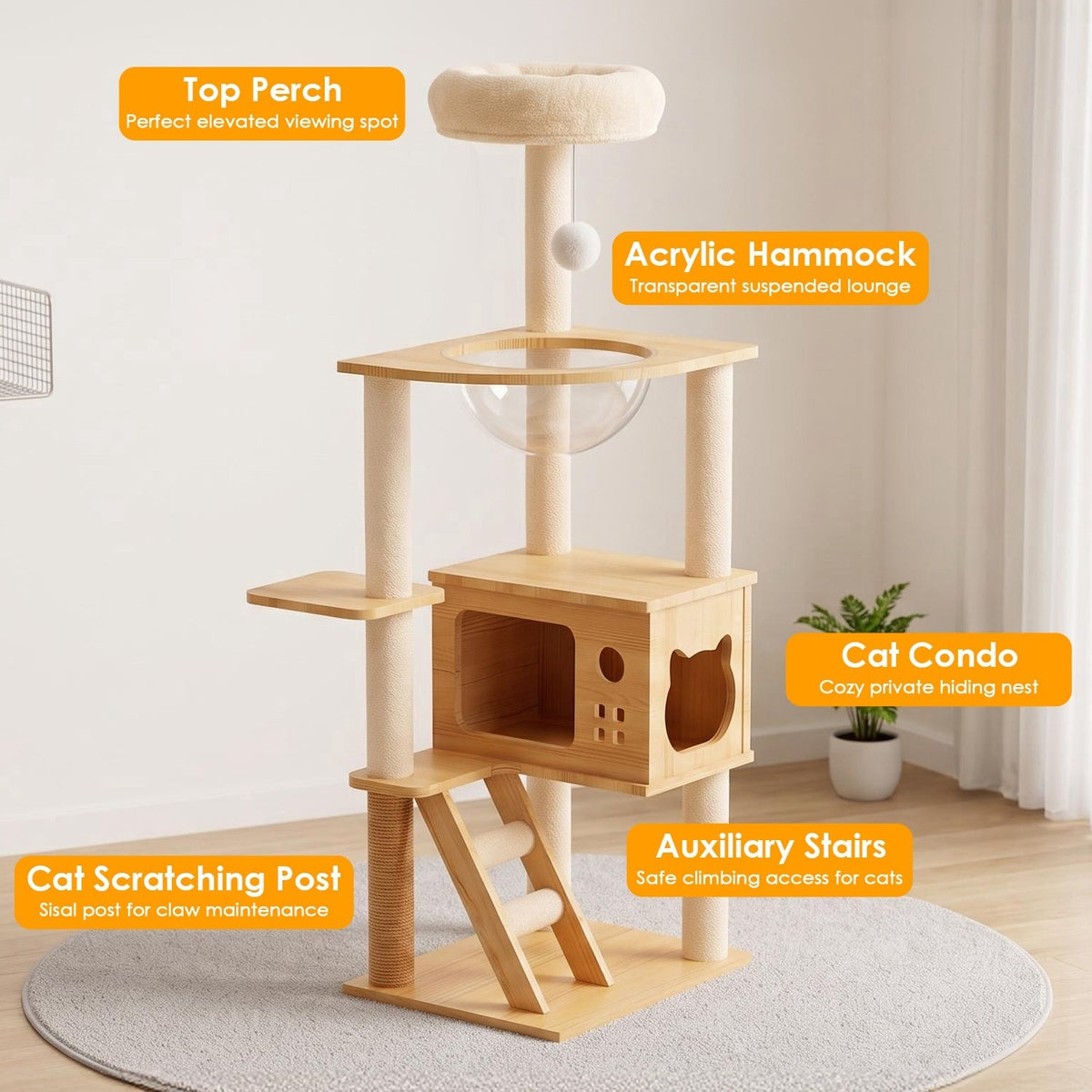 Multi-Level Wood Cat Tree Tower with Hammock & Scratching Posts