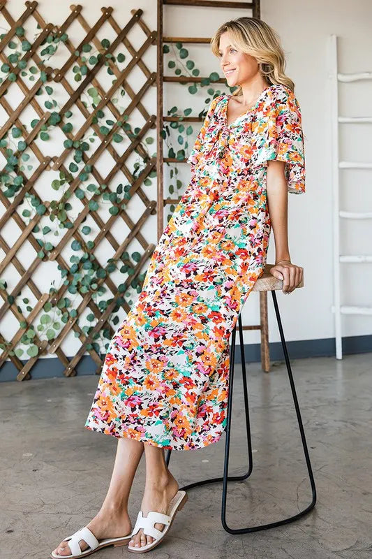 Lime 'N' Chili Floral Print Sweetheart Neck Tie Front Midi Dress