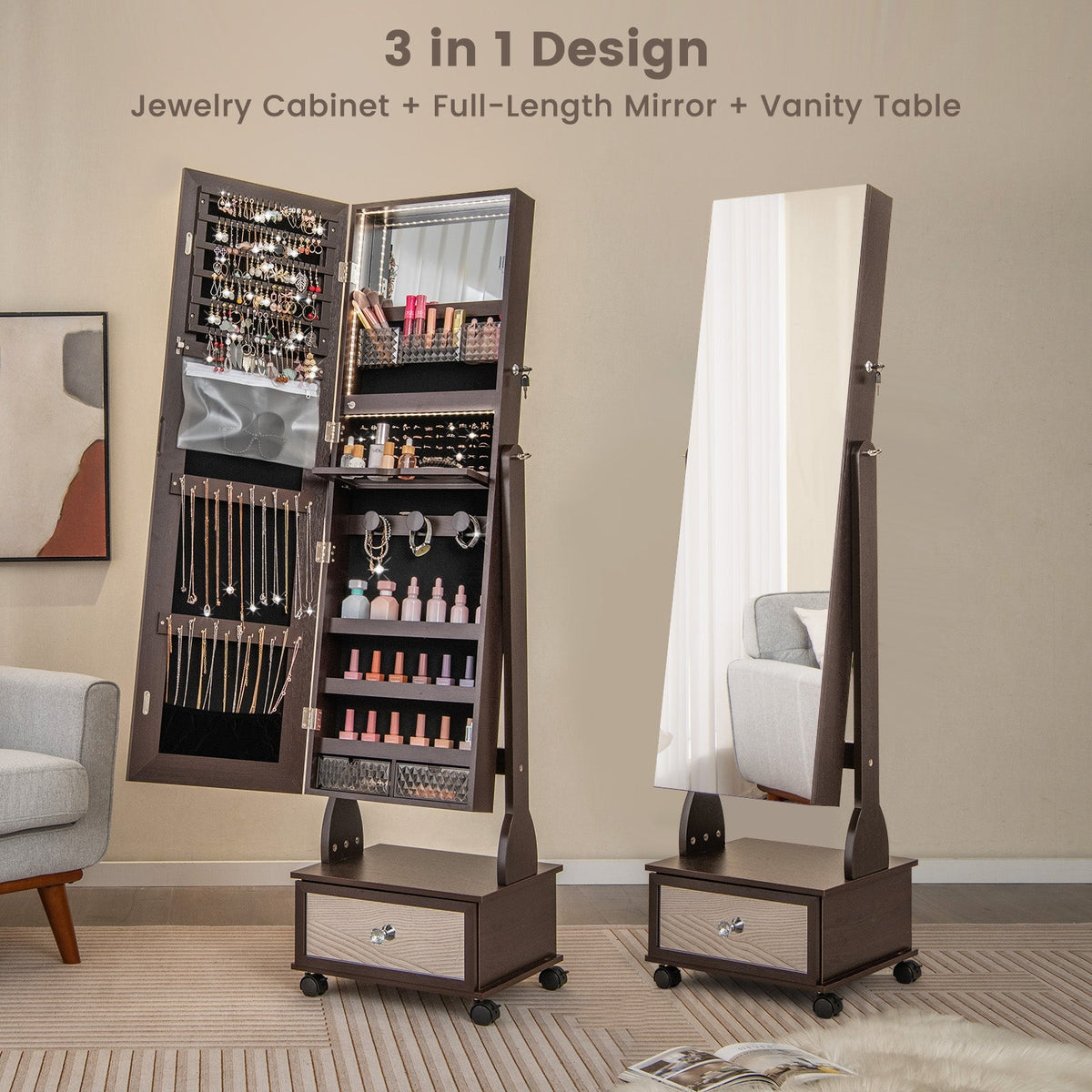 47 Inch Lockable Jewelry Cabinet Armoire with 3-Color LED Lights