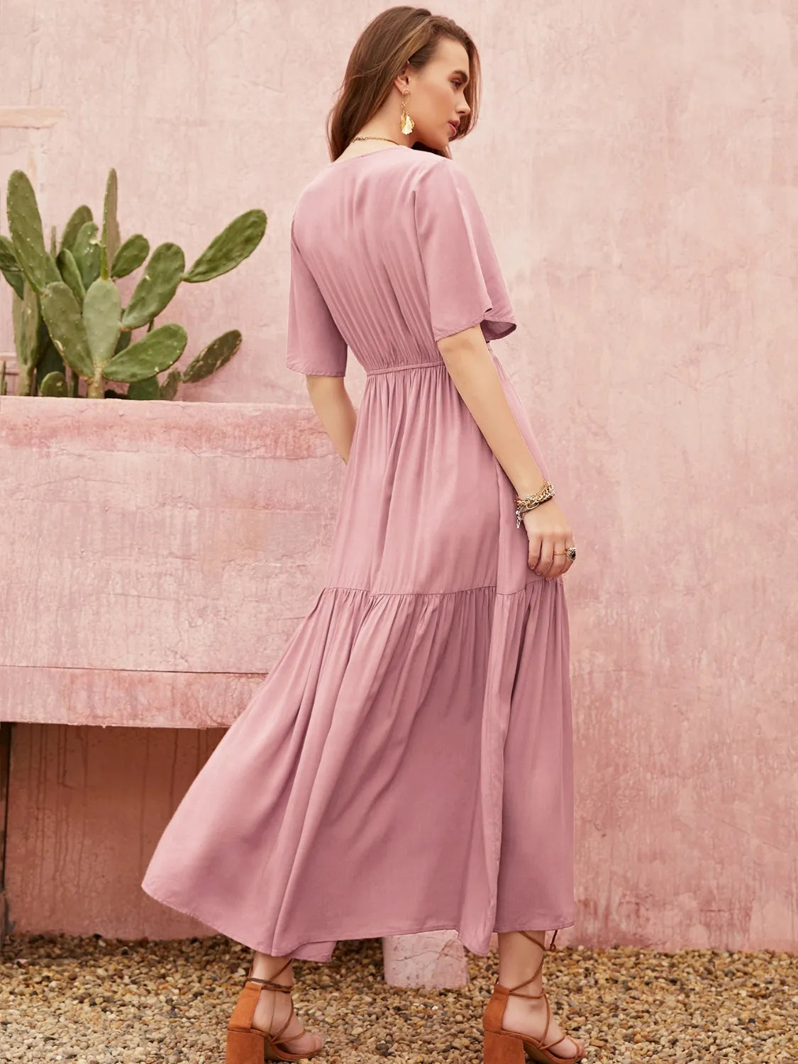 Lace Detail V-Neck Short Sleeve Dress