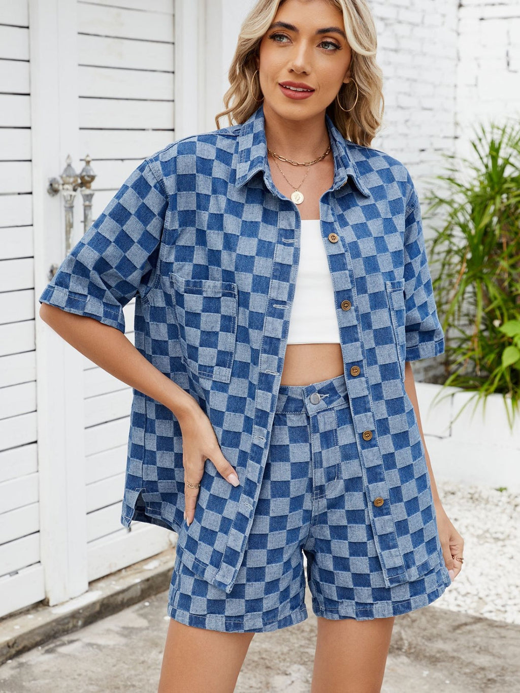 Checkered Shirt and Shorts Denim Set