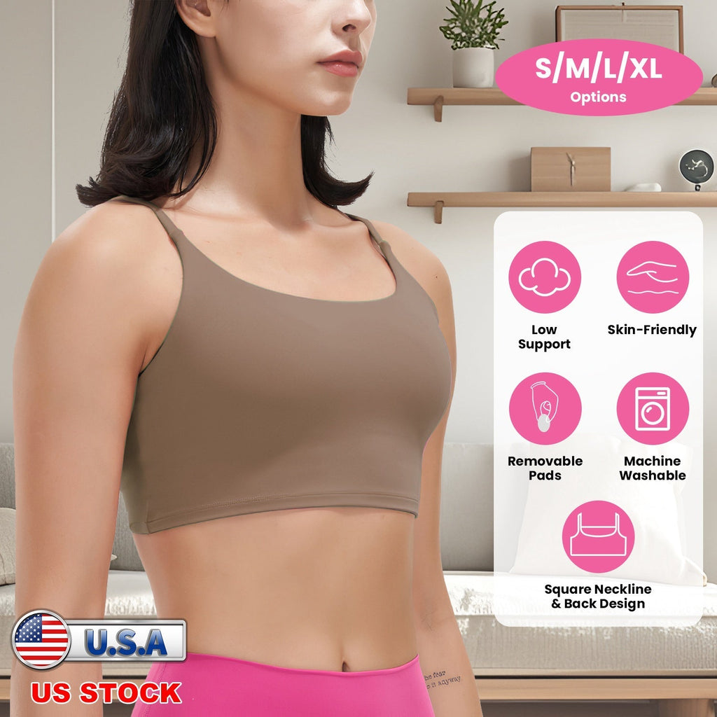 Women Strap Sport Bras Padded StrappyÊCrop Square Neck Low Impact Bras SexyÊFitnessÊTank Tops with Removable Pads Flat Straps for Gym Yoga Workout Run