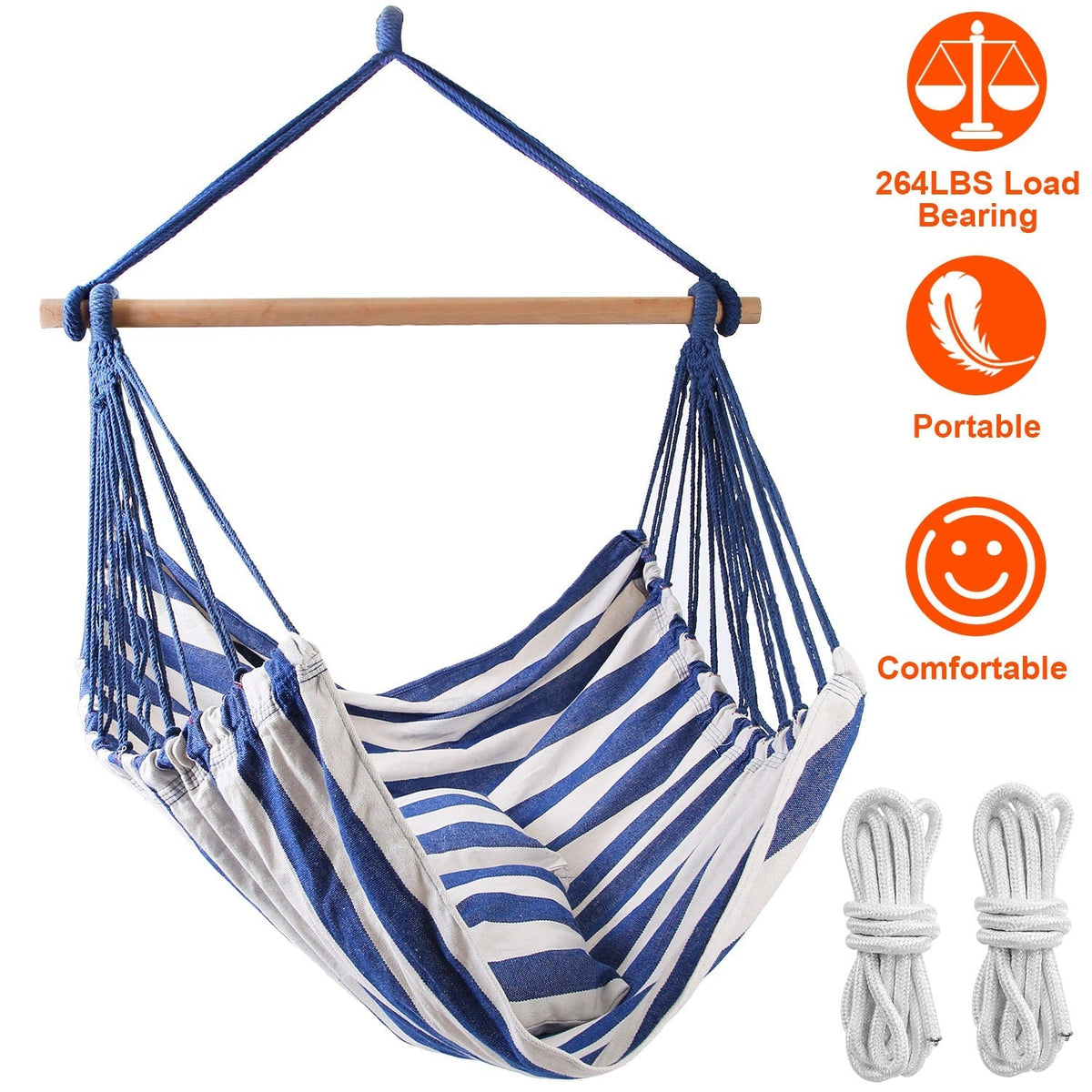 Hammock Hanging Chair Canvas Porch Patio Swing Seat Portable Camping Rope Seat Wooden Stick Hammock Chair with 2 Pillows 265LBS Load-bearing