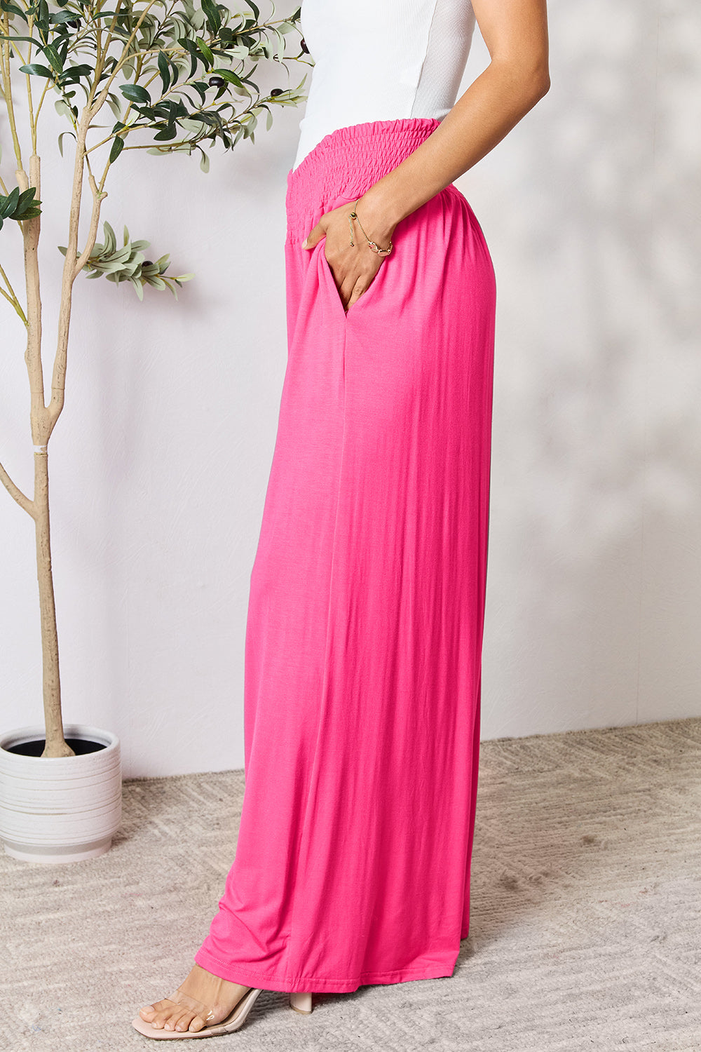 Smocked High-Waist Wide Leg Pants