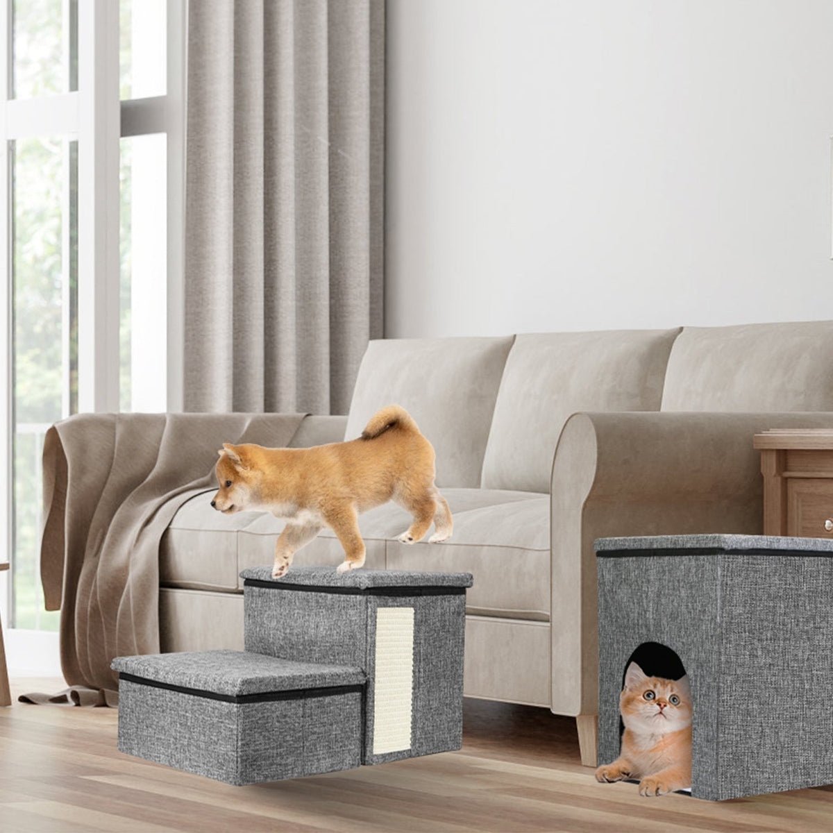 4-in-1 Foldable Pet Stairs with Storage, Scratcher & Pet House