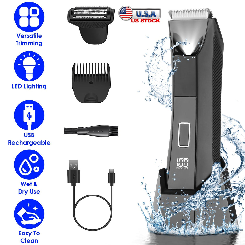 2 In 1 Electric Body Trimmer for Men Cordless Beard Groin Ball Pubic Hair Shaver IPX7 Waterproof Razor with LED Light LCD Display Guard Comb Shaving H