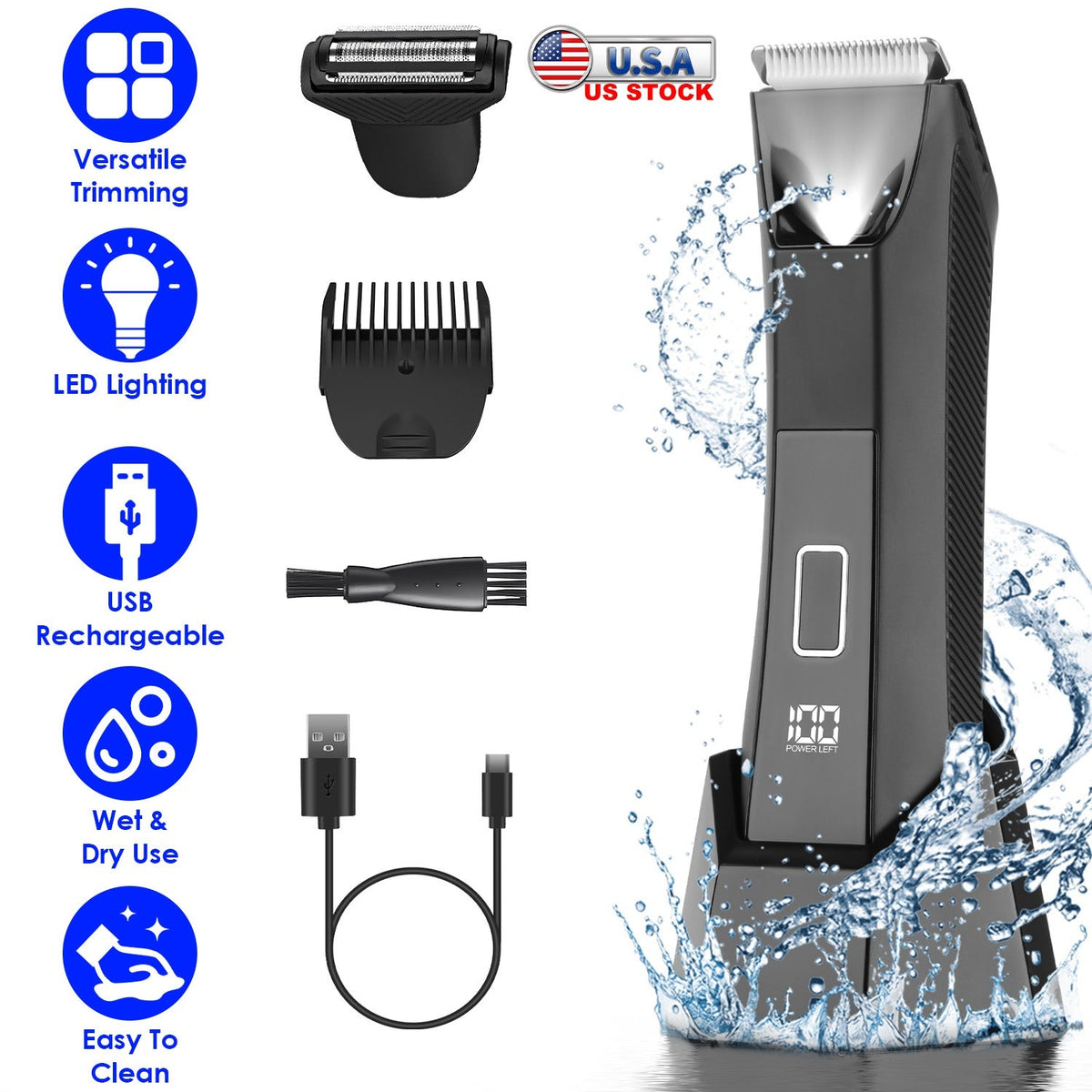 2 In 1 Electric Body Trimmer for Men Cordless Beard Groin Ball Pubic Hair Shaver IPX7 Waterproof Razor with LED Light LCD Display Guard Comb Shaving H
