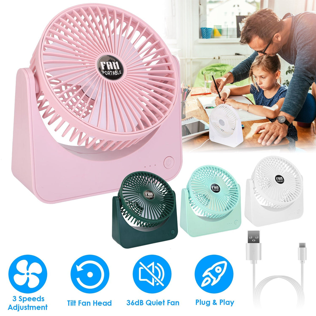 6.5in Desk Fan USB Powered 3 Speeds Table Cooling Fan Tilt Quiet Desktop Fan for Bedroom Office