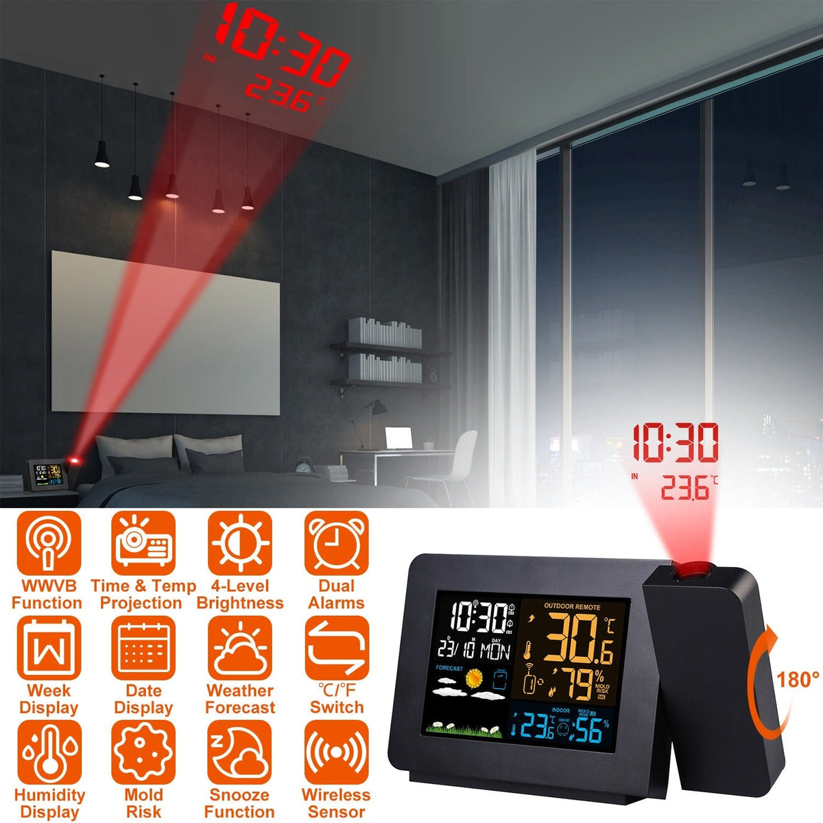 Atomic Projection Alarm Clock Radio Control Clock with WWVB Function Weather Station Dual AlarmsÊSnooze Outdoor Wireless Temperature Humidity Sensor