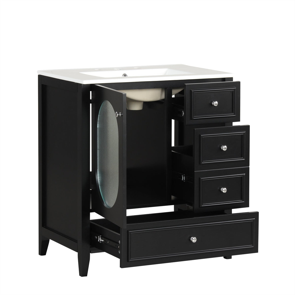 30" Bathroom Vanity with Sink, Bathroom Vanity Cabinet with Three Drawers and Door, Solid Wood and MDF, Black