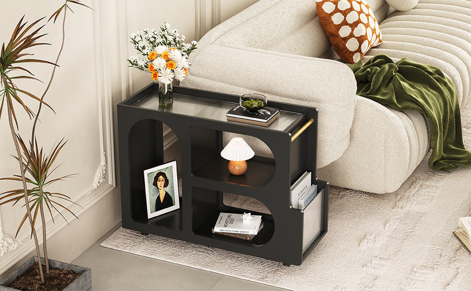 Stylish mobile desk with lockable wheels,bedside table with 5mm thick grooved tempered glass and gold round bars ，black