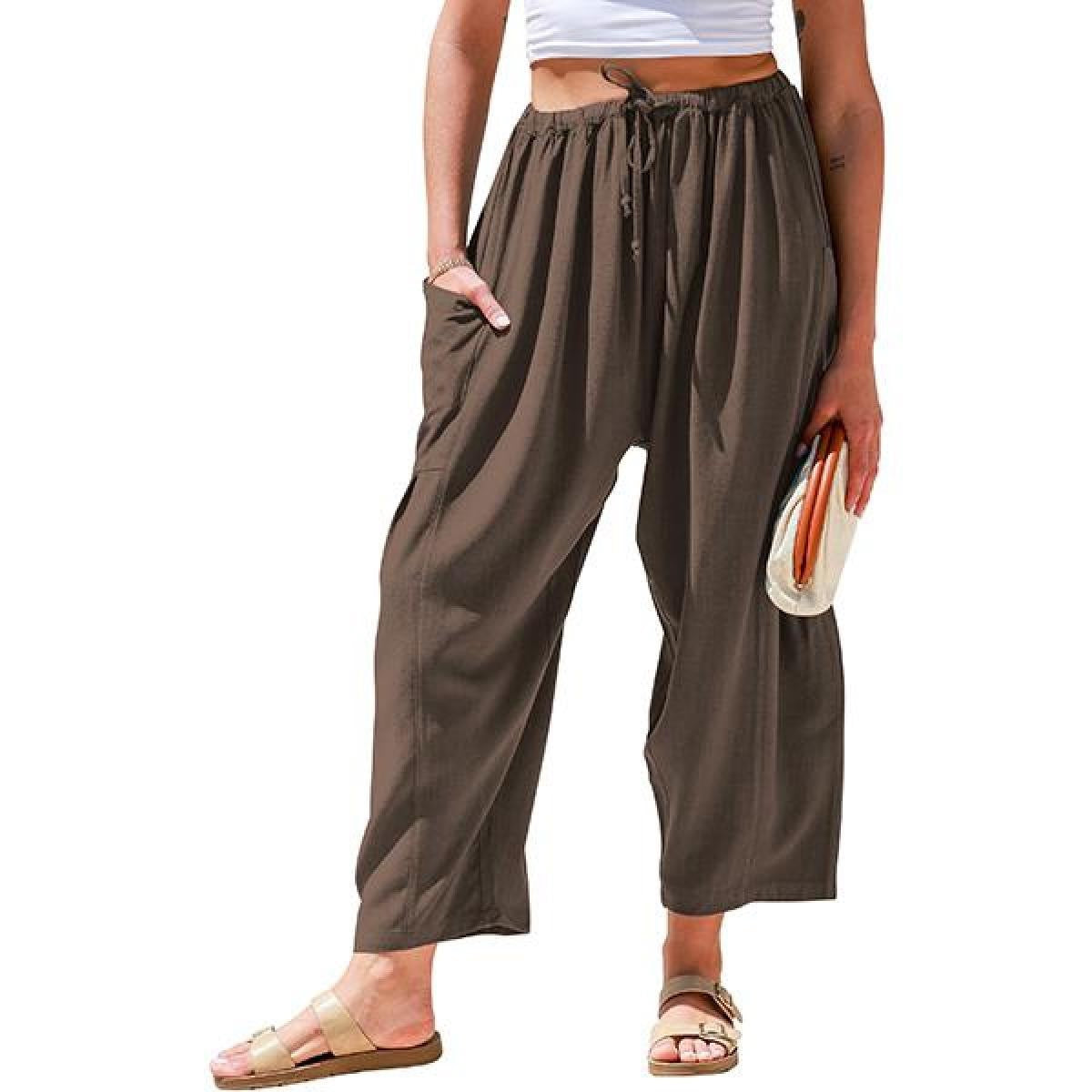 European and American women's elastic waisted pleated high waisted wide leg loose Haren cotton linen pants
