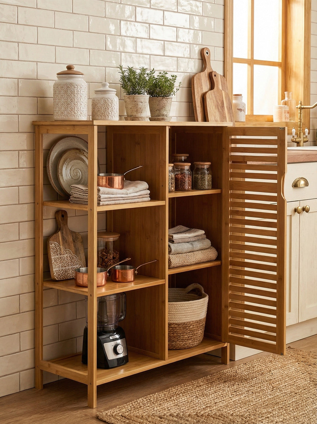 Bamboo 4 Tier Floor Cabinet with Doors, Freestanding Storage