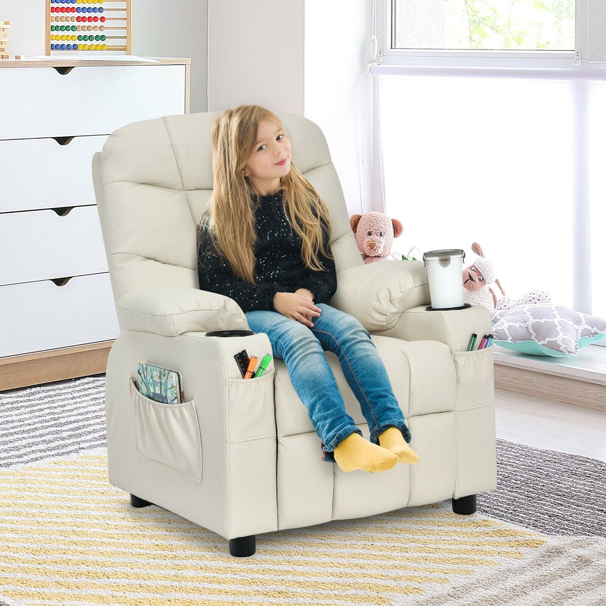 Kids Recliner Chair with Cup Holder and Footrest for Children-Beige