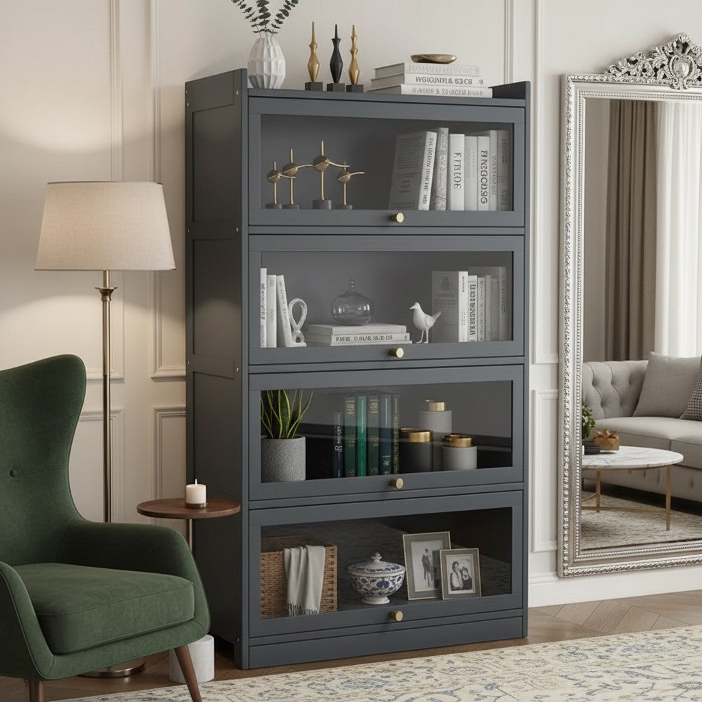 Tall Bamboo Bookshelf with Acrylic Doors, 4 Tier Storage Cabinet