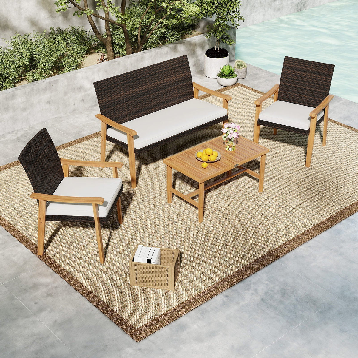 4 Piece Patio Furniture Set PE Rattan Porch Chairs with Acacia Wood Coffee Table and Soft Cushions-White