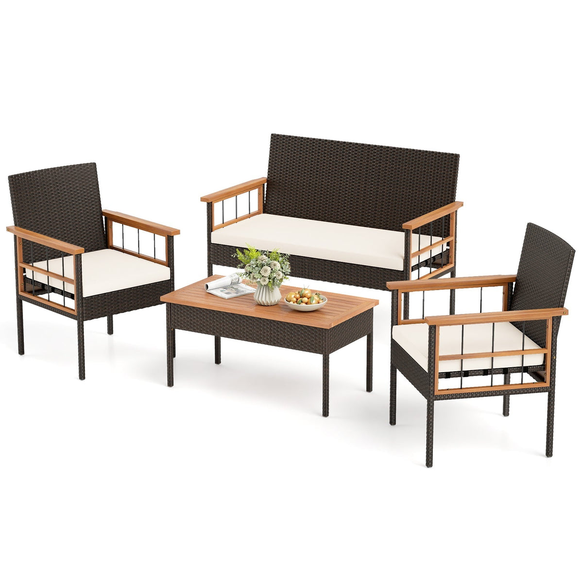 4 Pieces Wicker Furniture Set with Acacia Wood Tabletop and Armrests for Porch-White