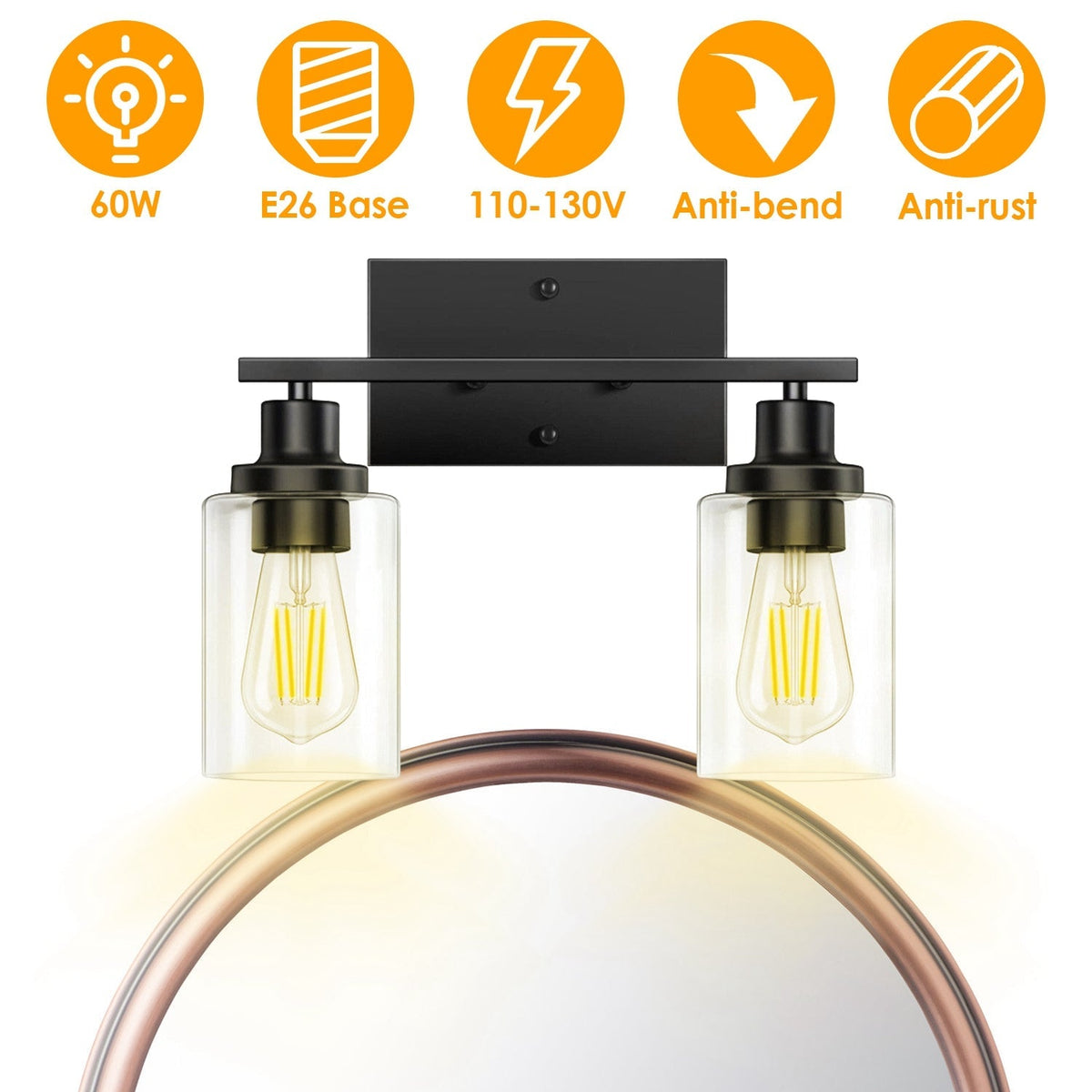 2 Light Wall Sconce Lighting with Clear Glass Shade Bathroom Vanity Lamp Fixture Modern Mounted Light for Porch Mirror Living Room Bedroom Hallway
