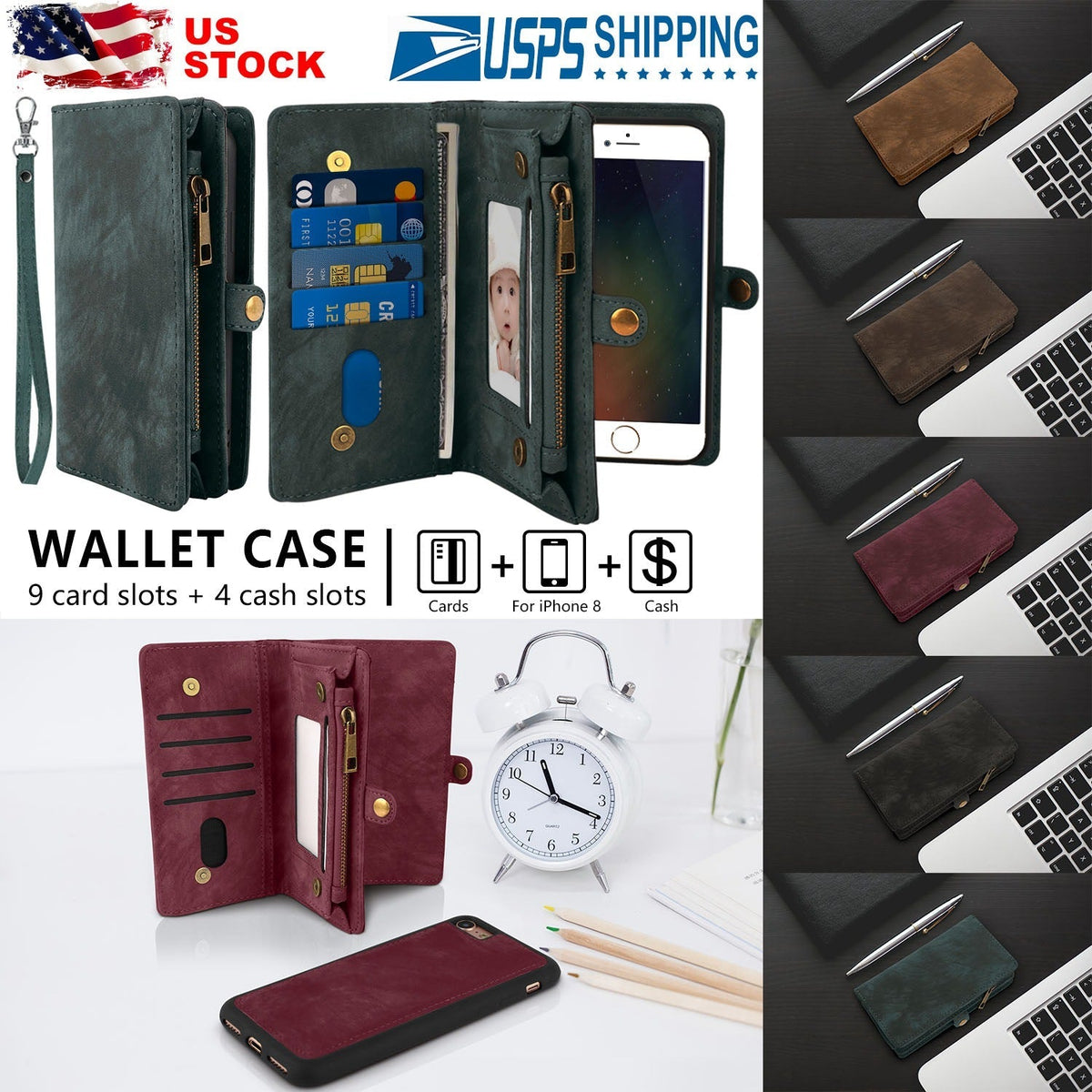 Phone Wallet Case For iPhone 8 Portable Wallet Case 2 in 1 Leather Zipper Magnetic Detachable 13 Card Slots Money Pocket Clutch Cover W/ID Widows
