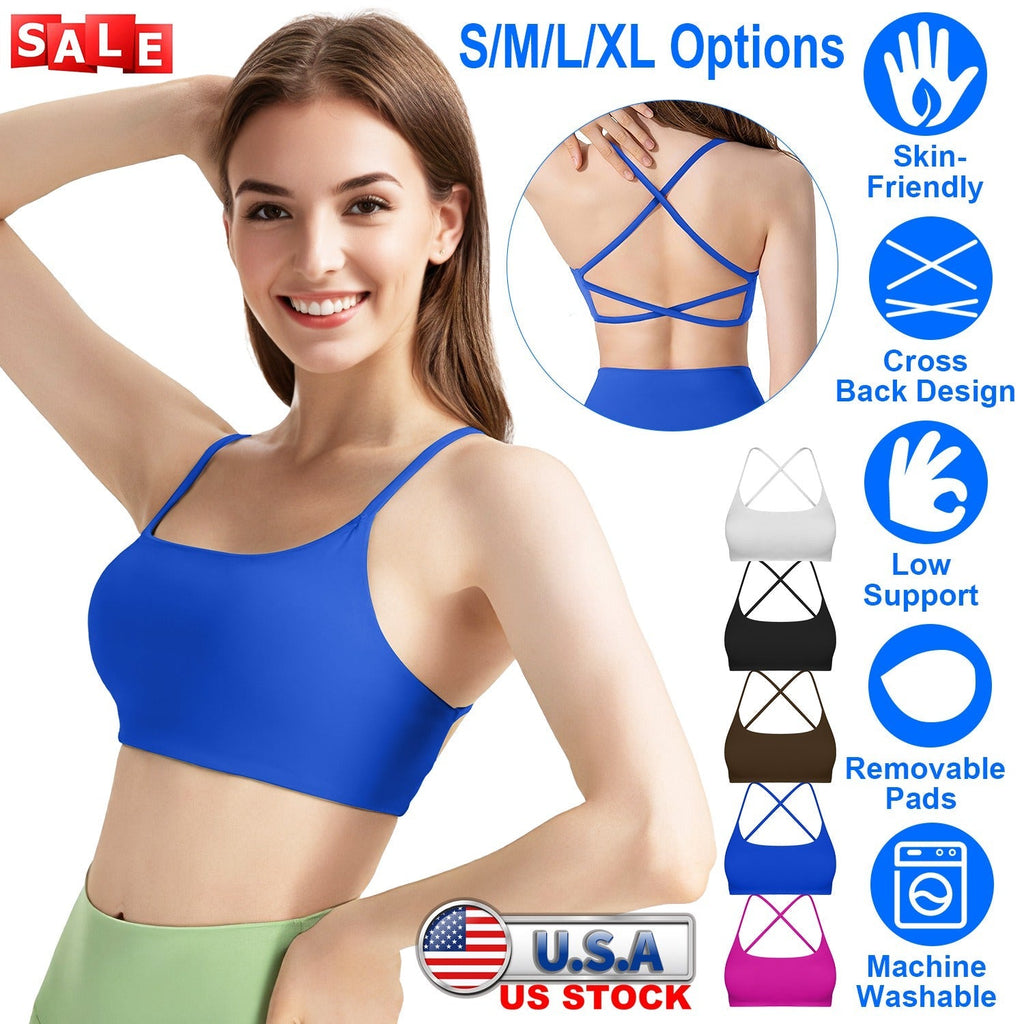 Women Cross Back Sport Bras Padded StrappyÊCrop Open Back Low Impact Bras SexyÊFitnessÊTank Tops with Removable Pads Thin Straps for Gym Yoga Workout