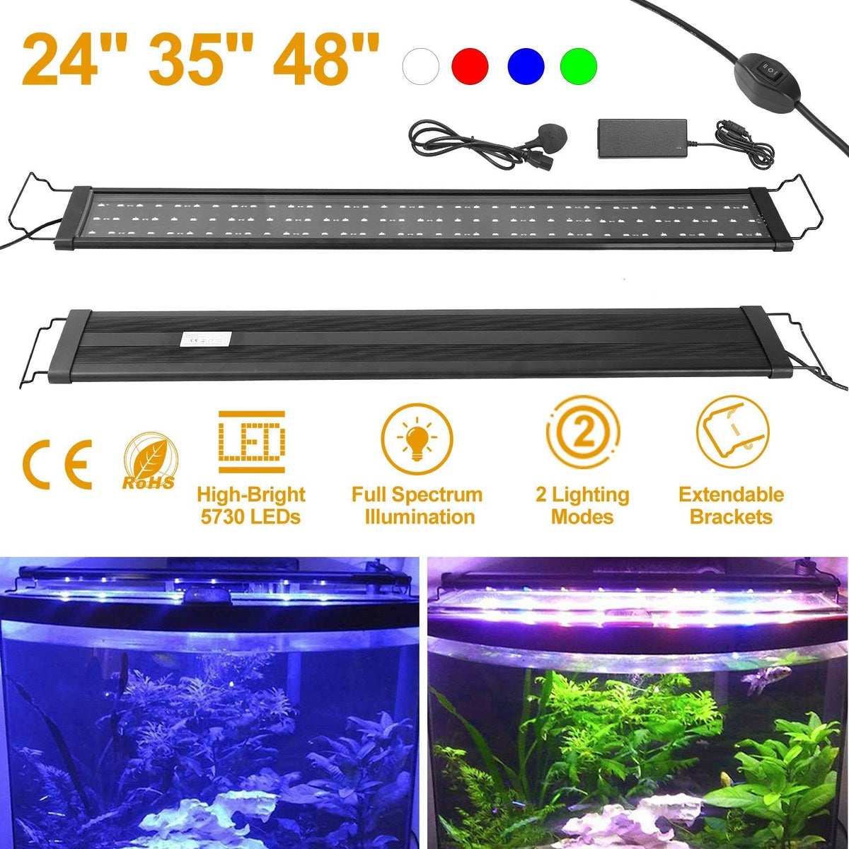 LED Aquarium Light Multi-Color Full Spectrum Freshwater Fish Tank Light w/ Extendable Brackets