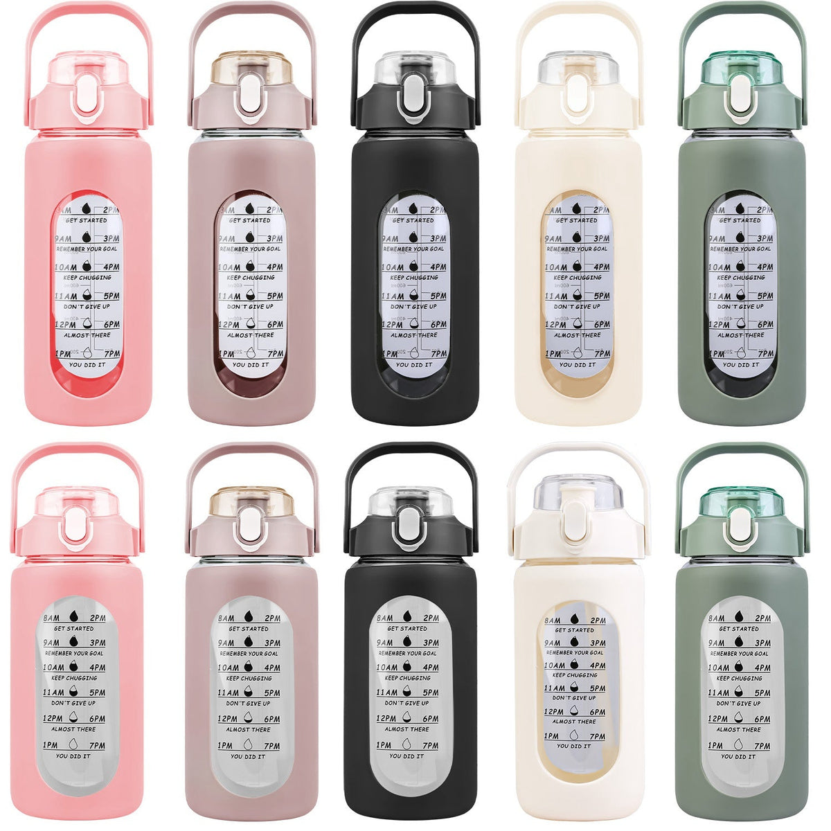 64Oz Glass Water Bottle Sports Water Bottle Motivational Water Bottle Water Intake Tracker Bottle with Straw Time Marker Silicone Sleeve Handle for Gy