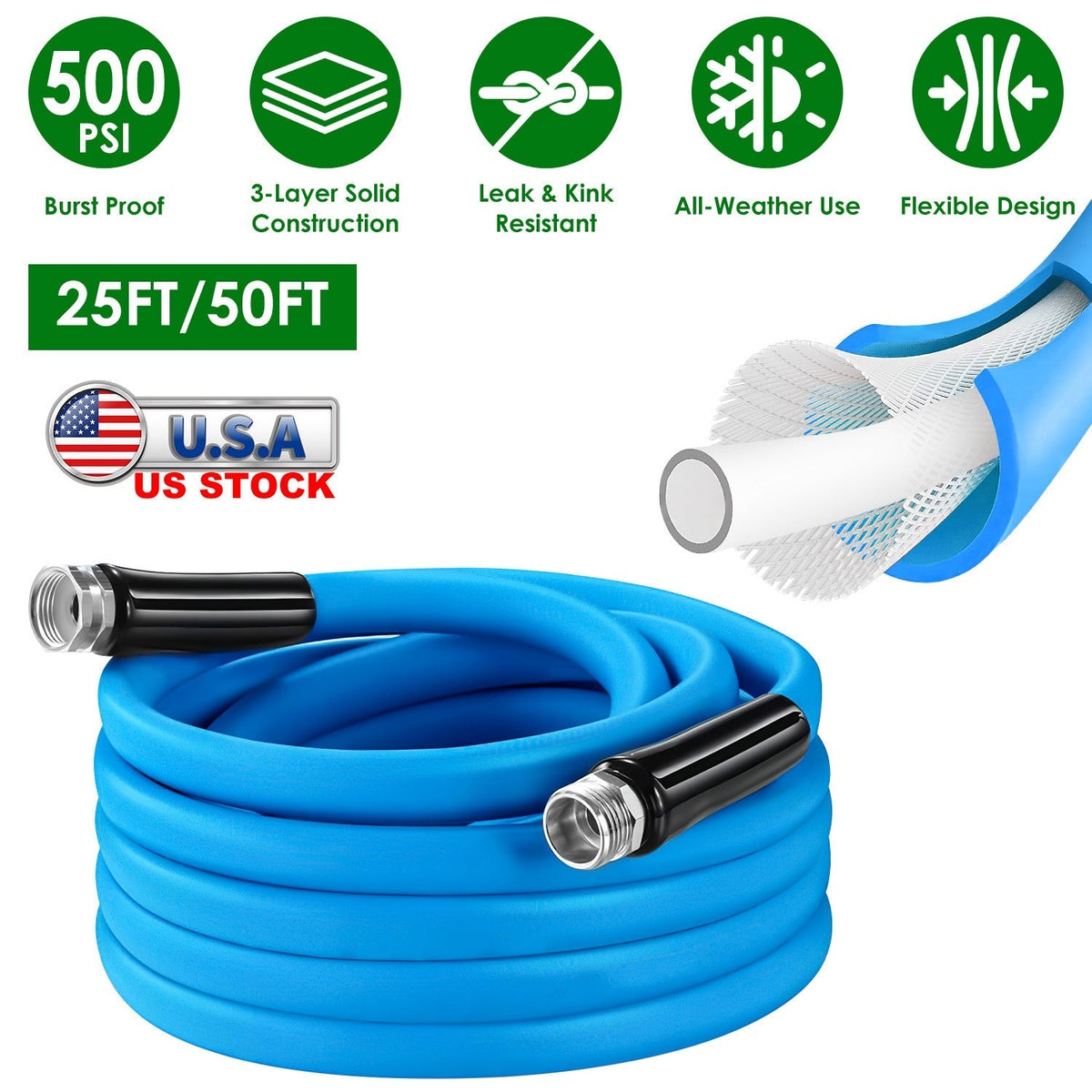 25FT/50FT 5/8" Non-Expanding Flexible Garden Hose Heavy Duty PVC Water Hose Leak-Resistant Kink-Free All-weather Burst 500PSI