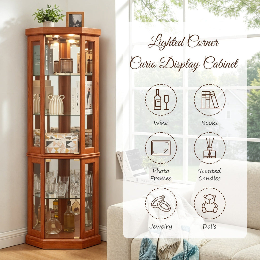 5-Tier Lighted Corner Curio Cabinet with Adjustable Glass Shelves