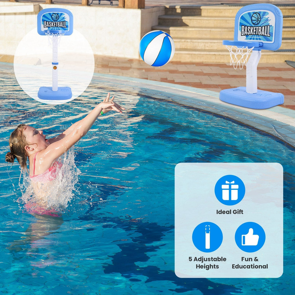 2 In 1 Poolside Basketball Game Set Pool Basketball Goal Indoor Outdoor Kids Basketball Court Water Basketball Toy with 2 Balls Gift for Boys Girls Ag