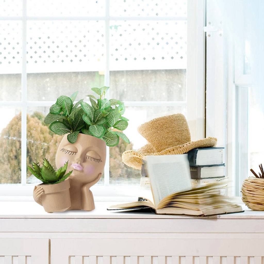 Girl Face Planter Pot Dual Opening Flower Pot With Drainage Hole Lady Head Resin Plant Pot For Succulent Cactus Indoor Outdoor