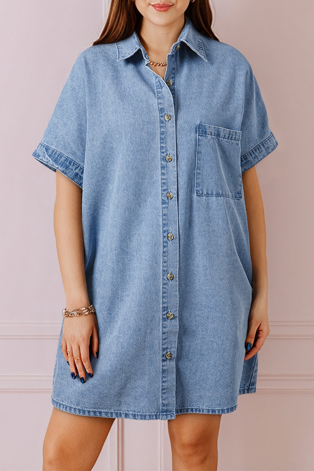 Button Down Short Sleeve Denim Dress