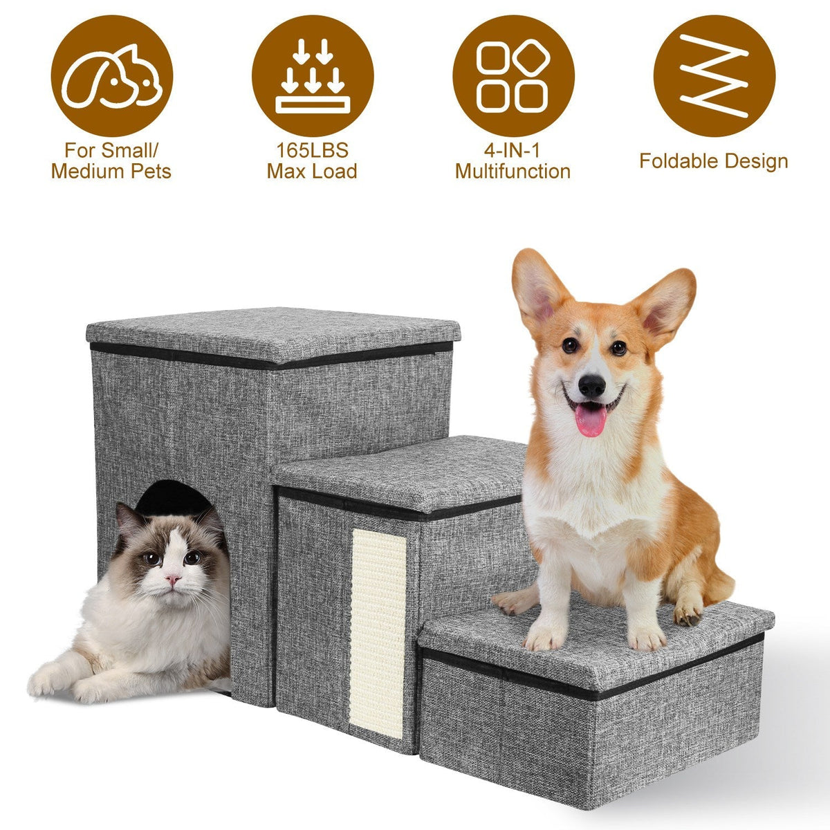 4-in-1 Foldable Pet Stairs with Storage, Scratcher & Pet House