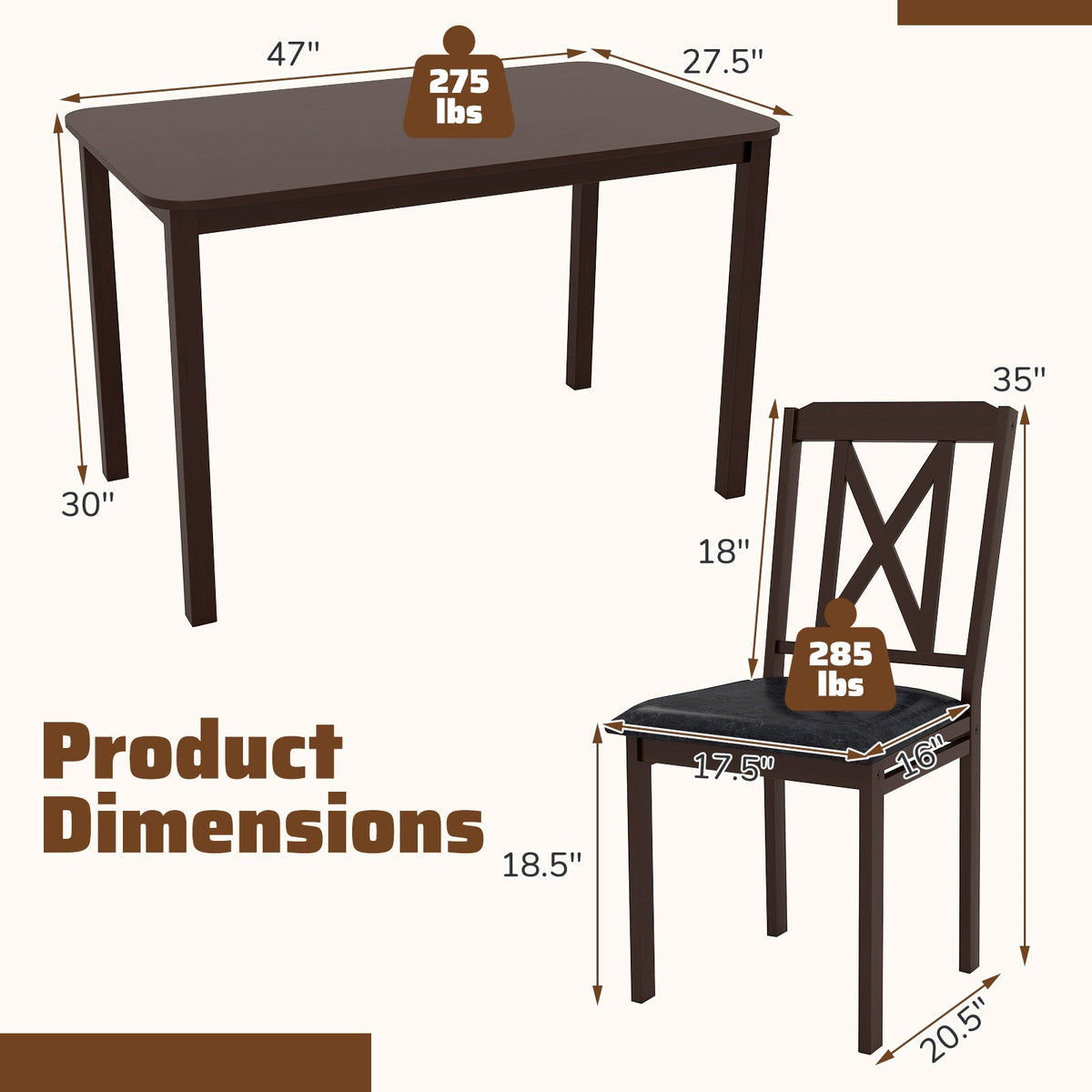 5-Piece Dining Table Set with Wide Tabletop and Rubber Wood Legs-Black