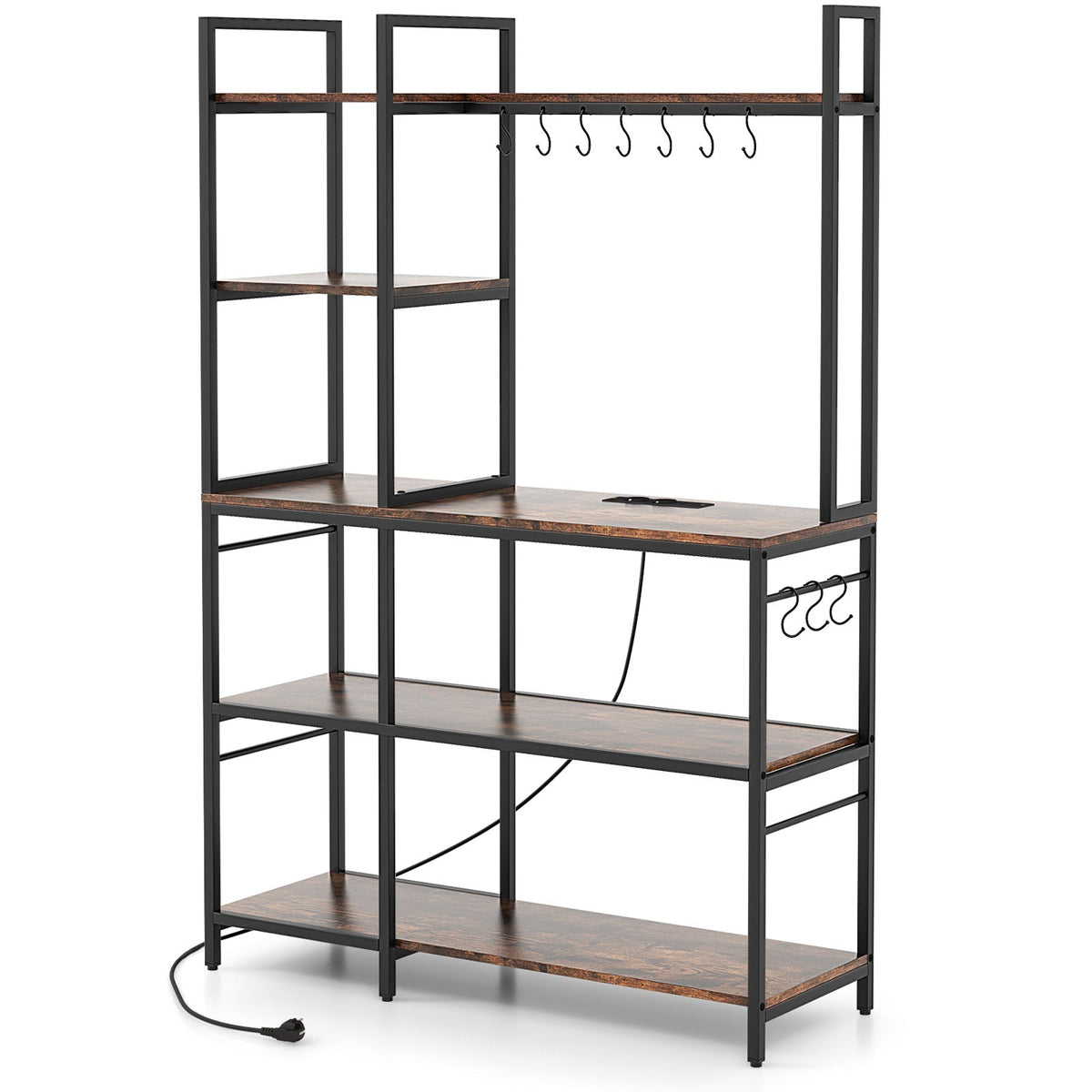 5-Tier Bakers Rack with Power Outlets and 10 S-Shaped Hooks