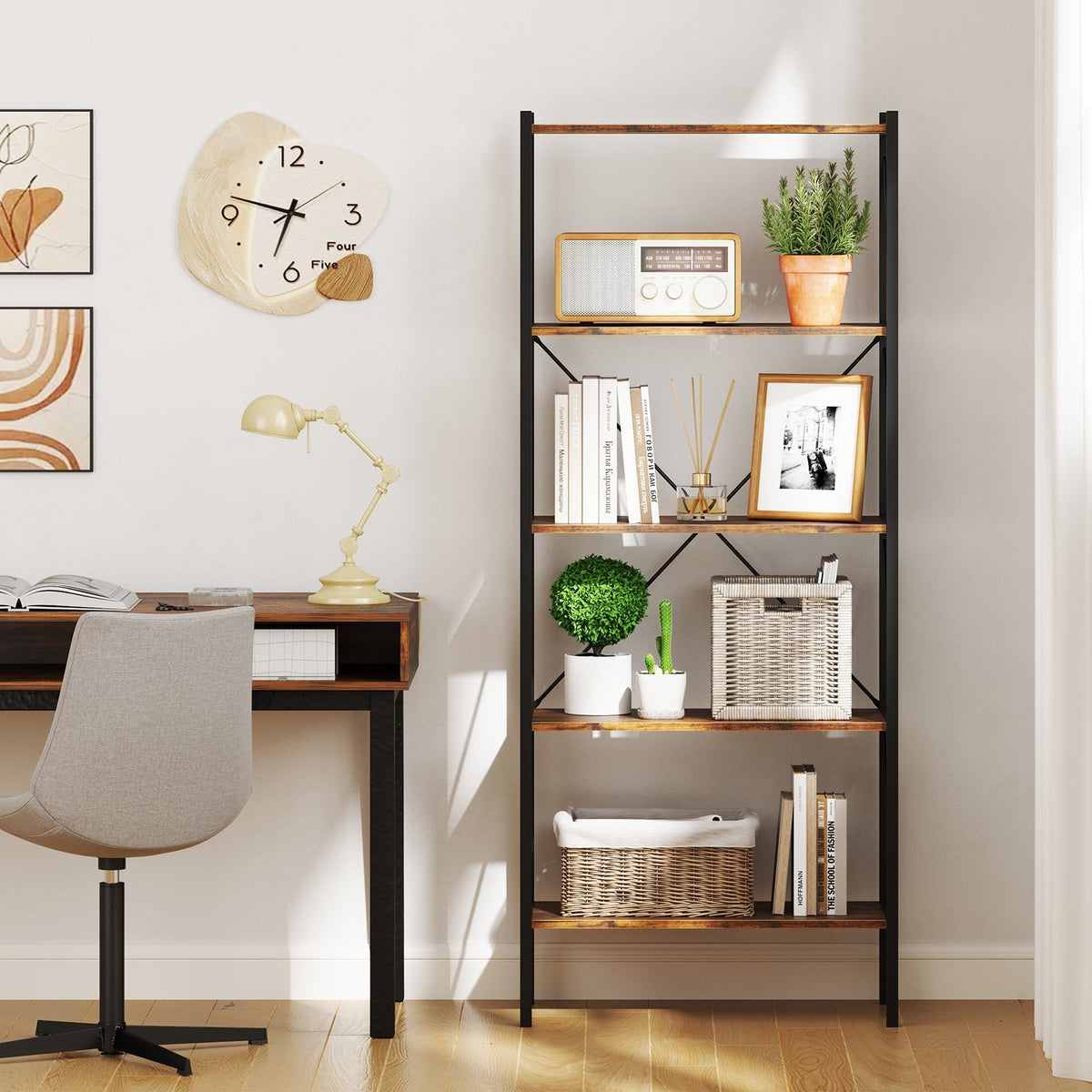 5-Tier Bookshelf with Open Shelves and Heavy Duty Metal Frame
