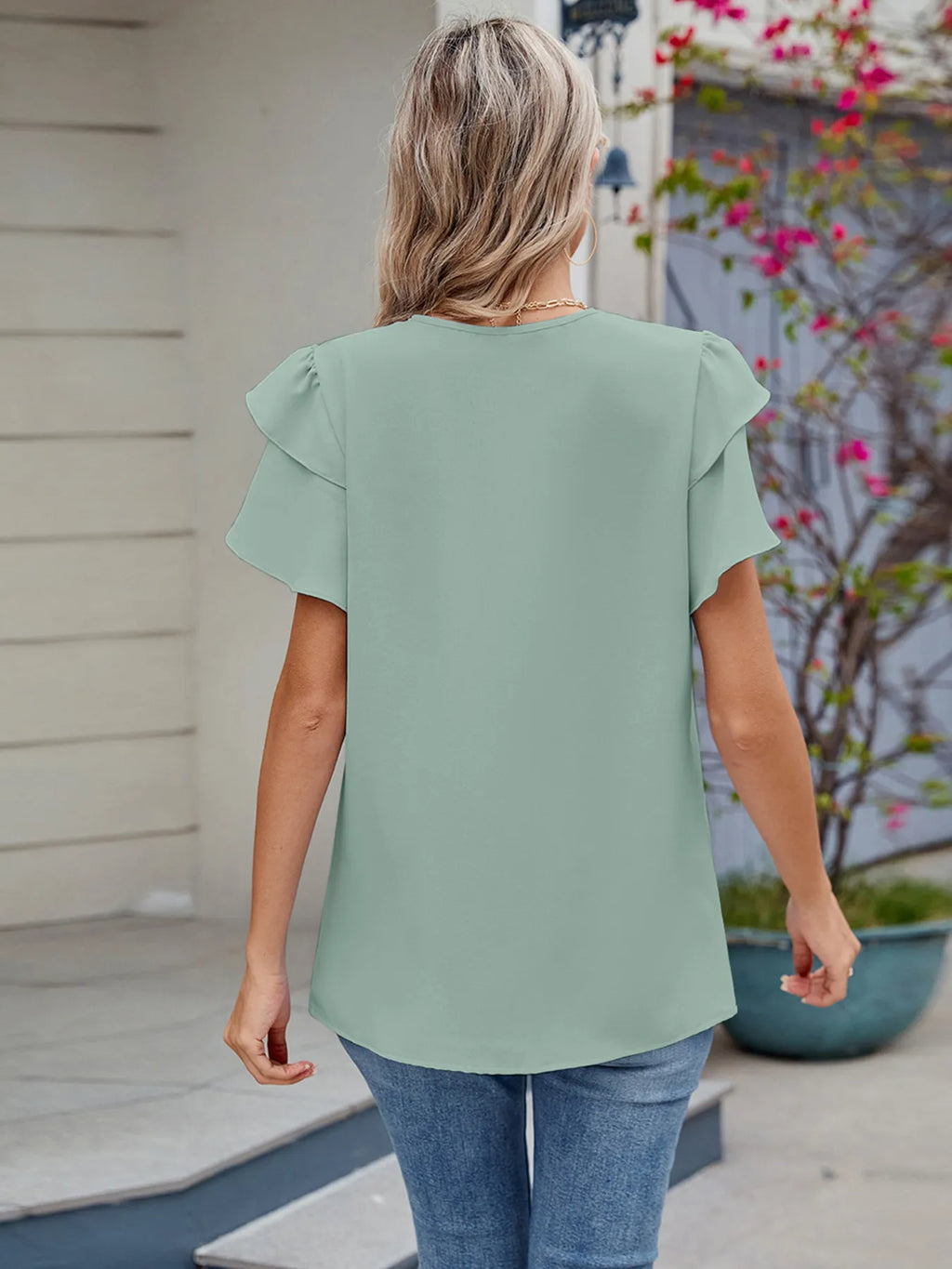 Round Neck Ruffled Layered Sleeve Blouse