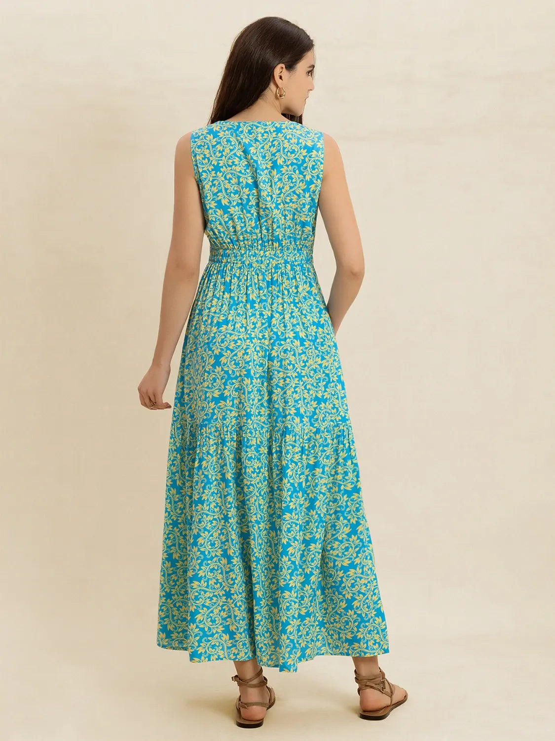 Slit Printed V-Neck Sleeveless Dress
