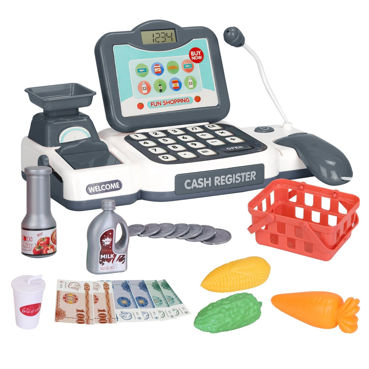 Kids Cash Register Pretend Play Cashier Toy with Scanner Calculator Credit Card Money Grocery Products Educational Toy Gift for Kids Aged 3 4 5 6 Year