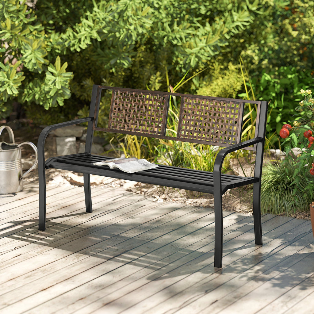 50 Inch Outdoor Metal Garden Bench with Rattan-Like Backrest for 2-3 People-Black