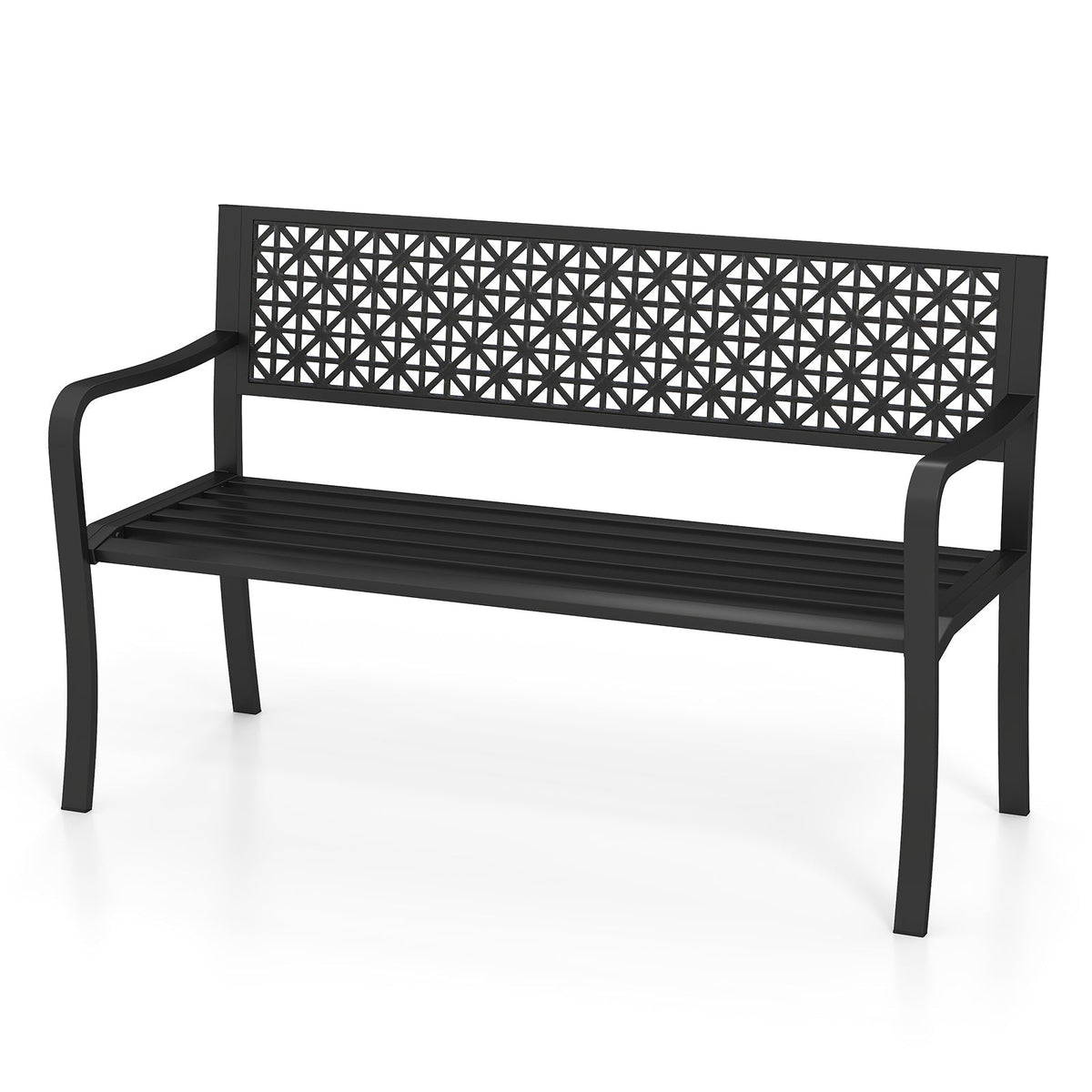 50 Inch Garden Bench with Patterned Backrest and Curved Armrests for 2-3 Person-Black