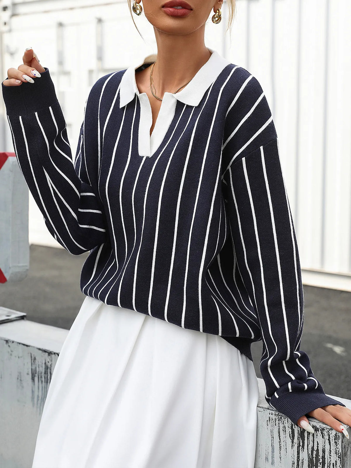 Stripe Contrast Collar Long Sleeve Knit Top