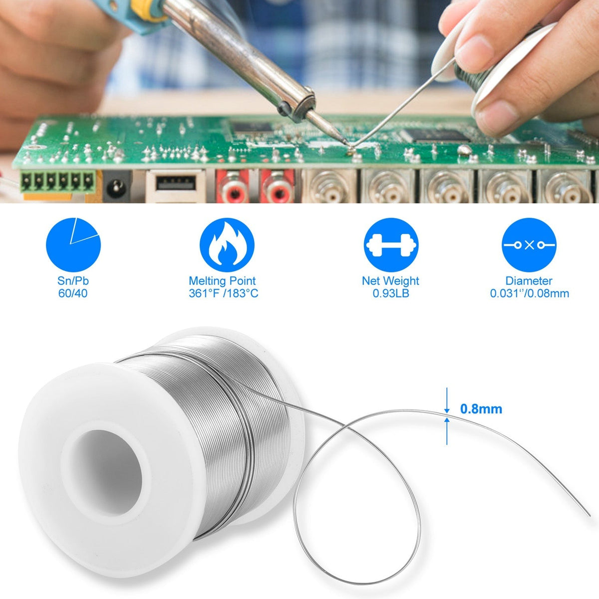Soldering Wire 60/40 Tin Lead Rosin Core 0.031Ó/0.8mm 1.7% Flux Electrical Solder Wire Sn60 Pb40 1lb